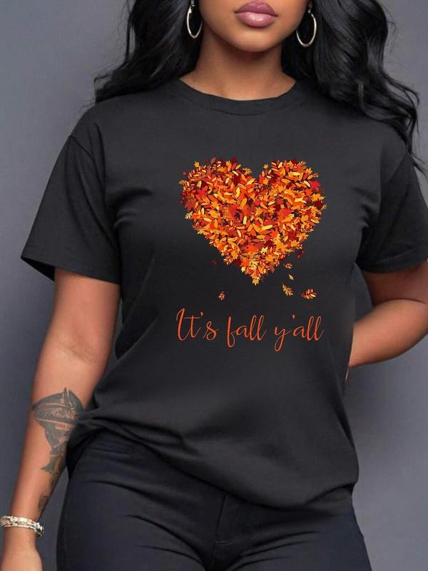 Women's Letter & Leaf & Heart Print Round Neck Tee, Casual Short Sleeve Crew Neck T-Shirt for All Seasons, Women's Top...