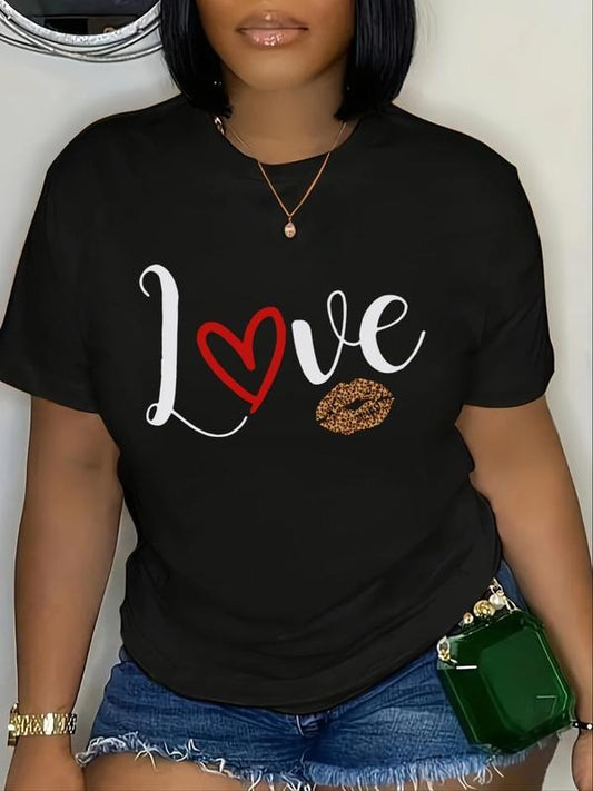 Women's Letter & Lip Print Round Neck Tee, Casual Short Sleeve Crew Neck T-shirt for Daily Wear, Ladies Clothes for All...