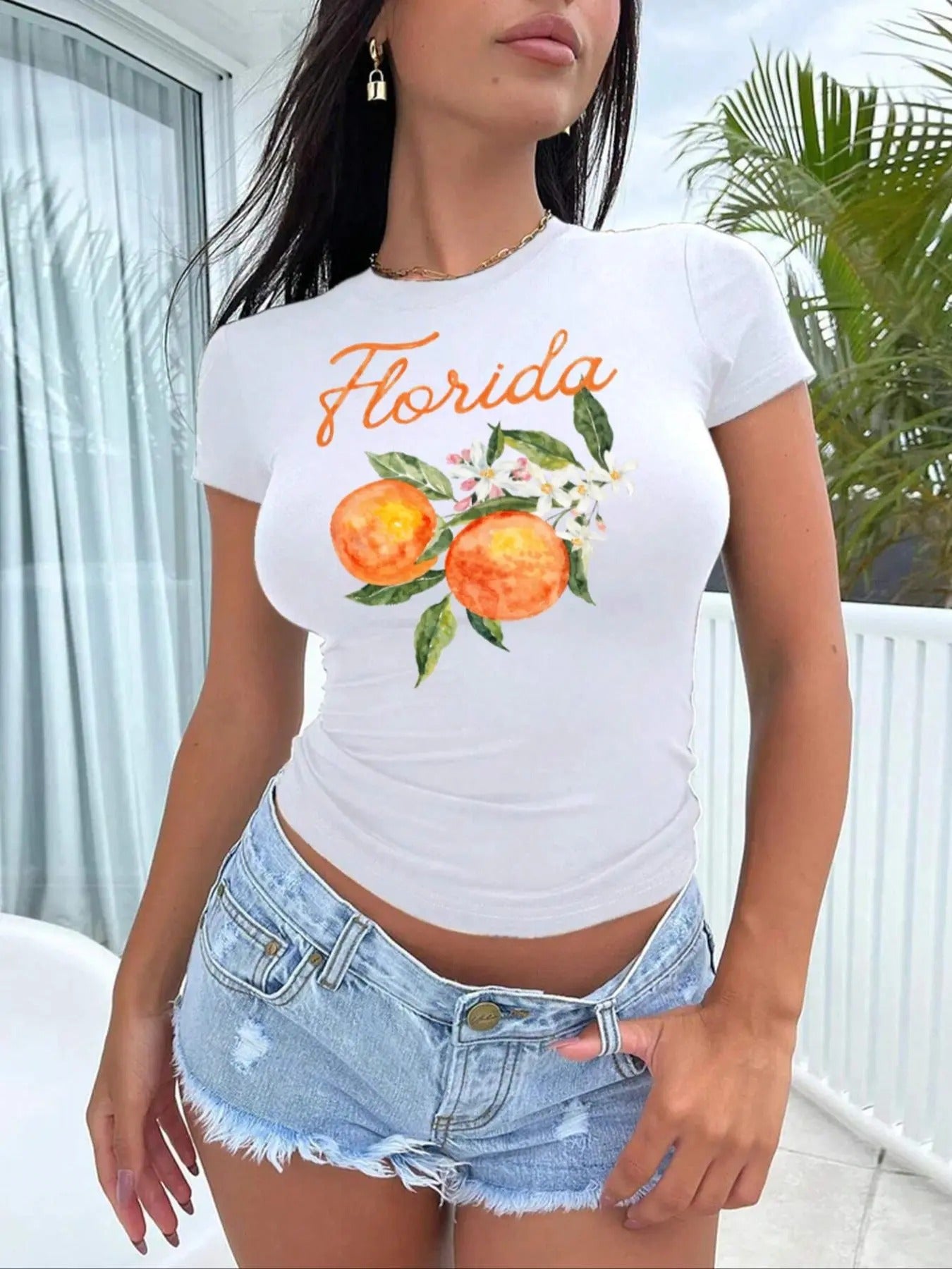 Women's Letter & Orange Print Round Neck Tee, Casual Short Sleeve Crew Neck T-Shirt for Summer, Fashion Women's Top for...