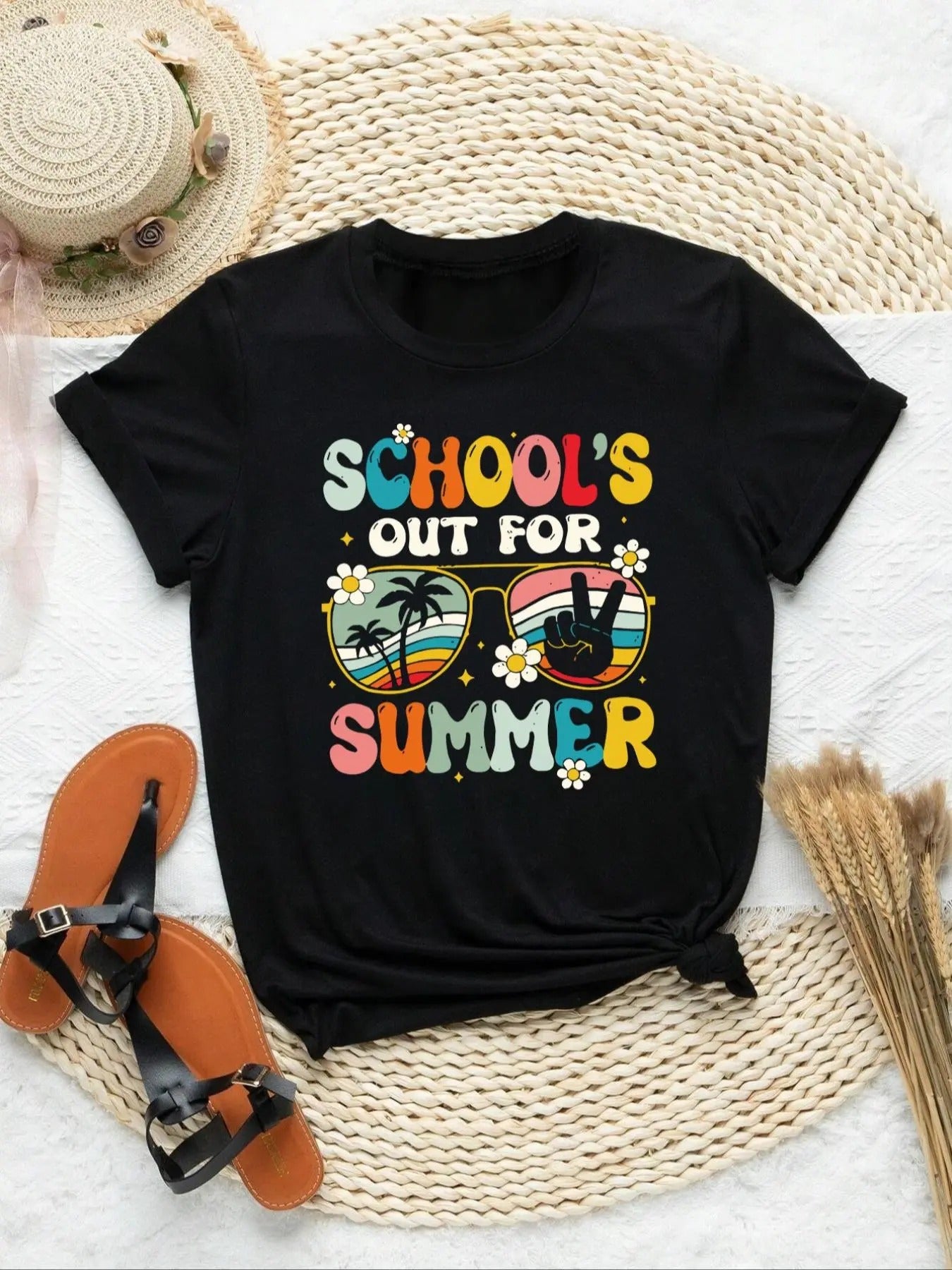 Women's Letter & Plants Print Round Neck Tee, Trendy Casual Glasses Print Short Sleeve T-shirt for Daily Wear, Ladies...