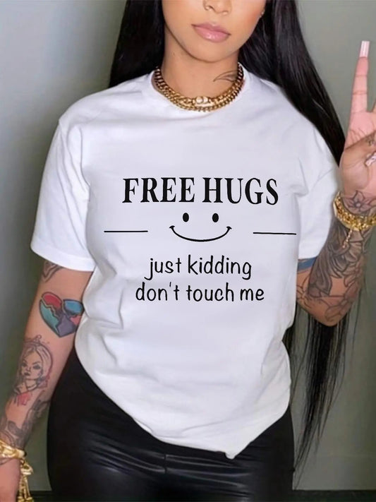 Women's Letter & Smile Face Print Round Neck Tee, Trendy Casual Short Sleeve T-Shirt for Daily Wear, Ladies Summer Outfit...