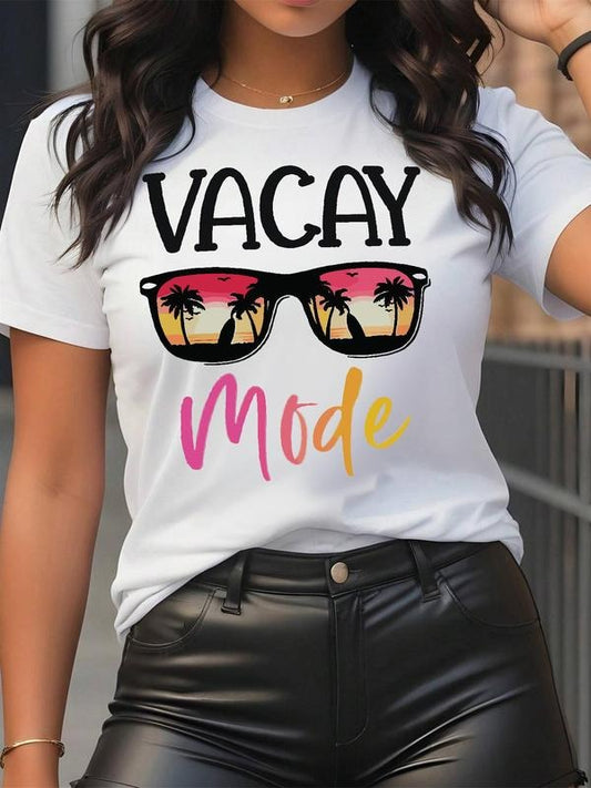 Women's Letter & Sunglasses Print Round Neck Tee, Vintage Trendy Short Sleeve T-shirt for Daily Wear, Ladies Summer...