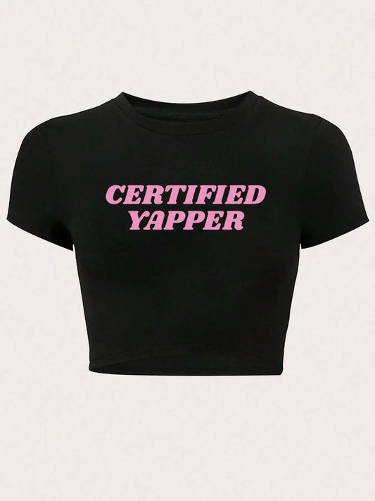 Women's Letter Print Round Neck Crop Tee, Casual Slim-fitting Short Sleeve T-shirt, Ladies Summer Clothes for Daily...