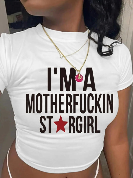 Women's Letter Print Round Neck Crop Tee, Fashion Casual Crew Neck T-shirt for Daily Holiday Vacation Outdoor Wear,...