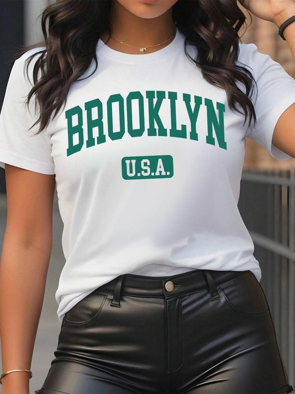 Women's Letter Print Round Neck Graphic Tee, Vintage Trendy Casual Drop Shoulder Short Sleeve T-shirt for Daily Wear, Ladies Summer Outfit