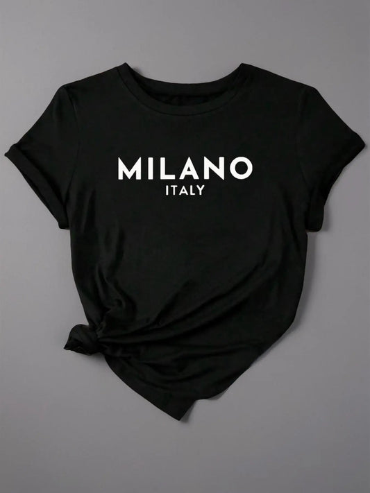 Women's Letter Print Round Neck Tee, Casual Comfort Crew Neck Short Sleeve Fitted T-shirt for Daily Outdoor Wear, T Shirts for Women, Summer Clothes, Summer Tops, Graphic Tees, Ladies Summer Clothing, Vintage Graphic Tees, Womenswear Everyday, Feminine