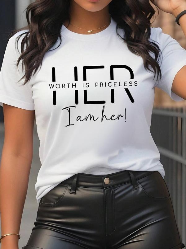 Women's Letter Print Round Neck Tee, Casual Short Sleeve Crew Neck T-Shirt for Summer, Fashion Women's Top for Daily...
