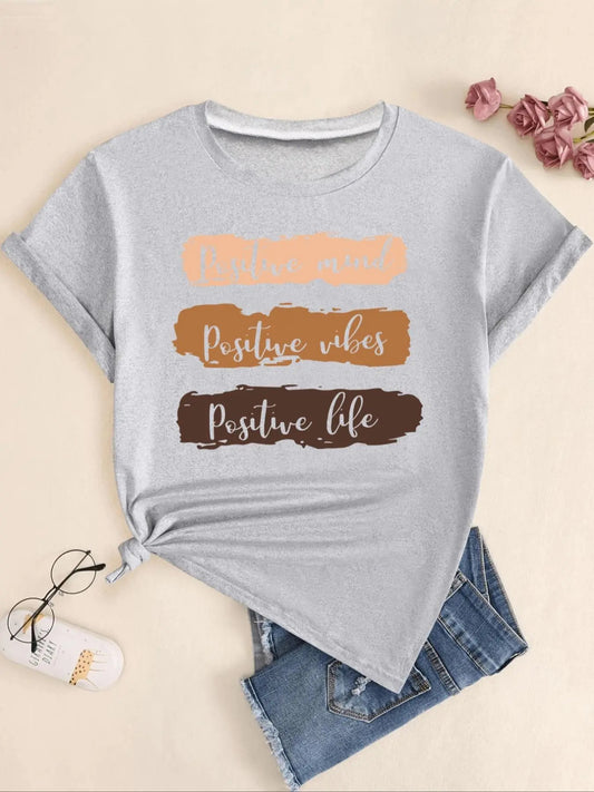 Women's Letter Print Round Neck Tee, Casual Short Sleeve Crew Neck T-Shirt for Summer, Fashion Women's Top for Daily...