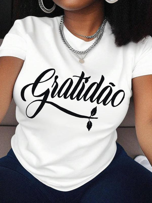 Women's Letter Print Round Neck Tee, Casual Short Sleeve Crew Neck T-Shirt for Summer, Fashion Women's Top for Daily...