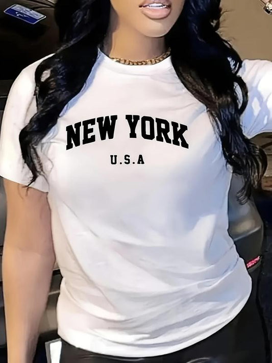 Women's Letter Print Round Neck Tee, Casual Short Sleeve Crew Neck T-shirt for Daily Wear, Ladies Clothes for All Seasons...