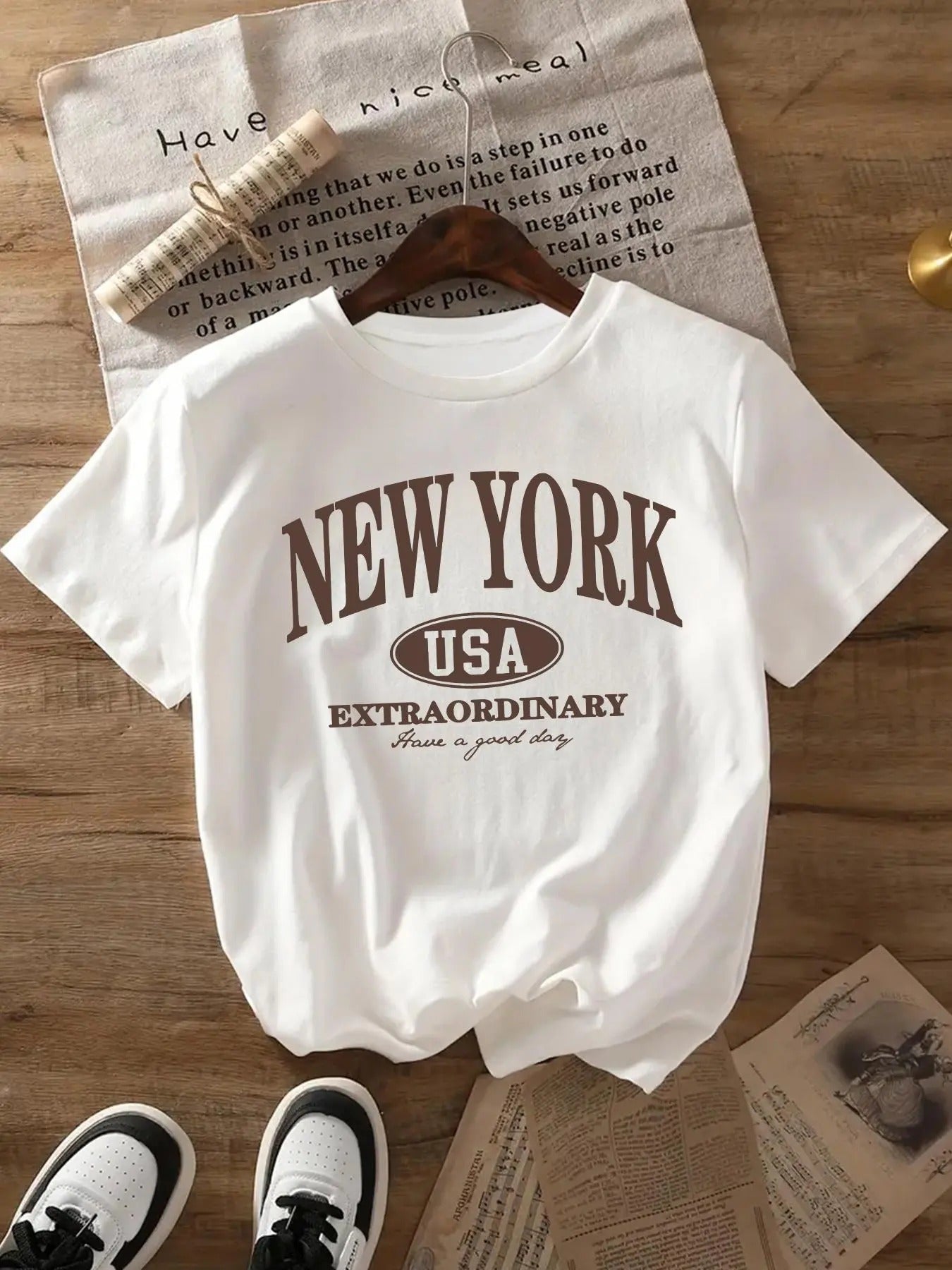 Women's Letter Print Round Neck Tee, Casual Short Sleeve Crew Neck T-shirt for Daily Wear, Ladies Clothes for All...