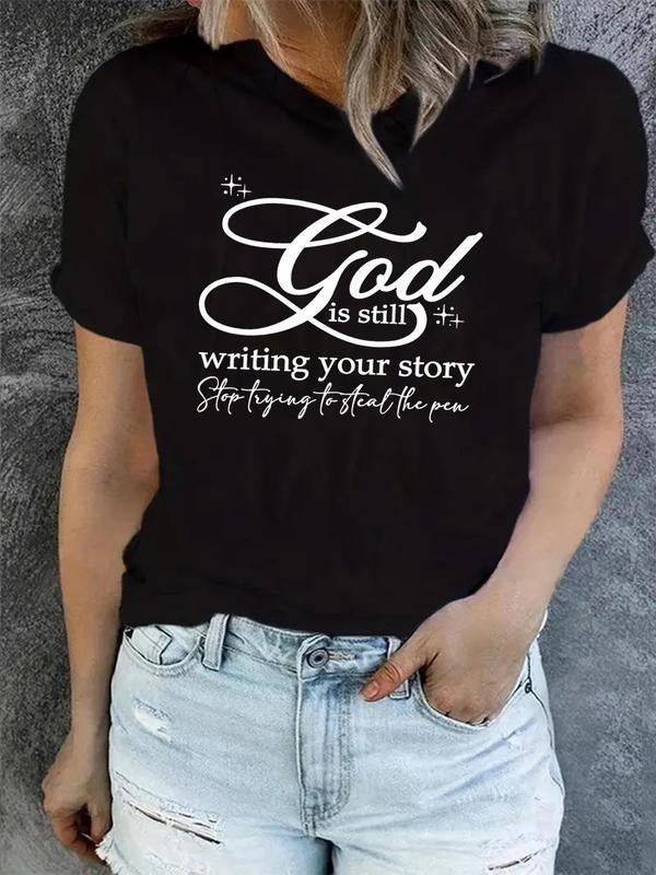 Women's Letter Print Round Neck Tee, Casual Short Sleeve Crew Neck T-shirt for Daily Wear, Ladies Clothes for All...