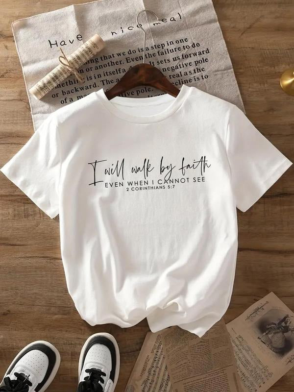 Women's Letter Print Round Neck Tee, Casual Short Sleeve Crew Neck T-shirt for Daily Wear, Ladies Clothes for All...