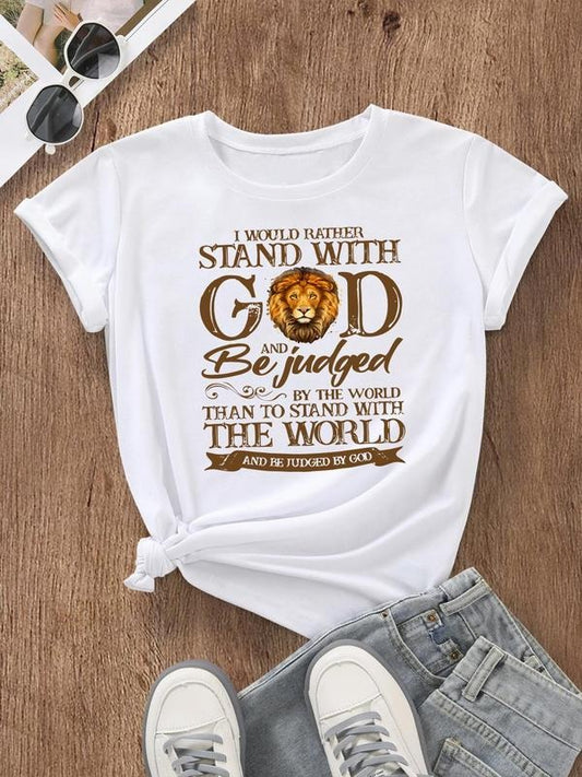 Women's Lion & Letter Print Round Neck Tee, Fashion Casual Crew Neck Short Sleeve T-Shirt for Daily Holiday Vacation...