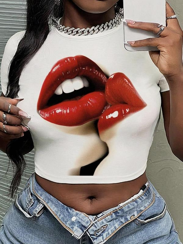 Women's Lip Print Round Neck Crop Tee, Fashion Casual Crew Neck T-shirt for Daily Holiday Vacation Outdoor Wear, Ladies...