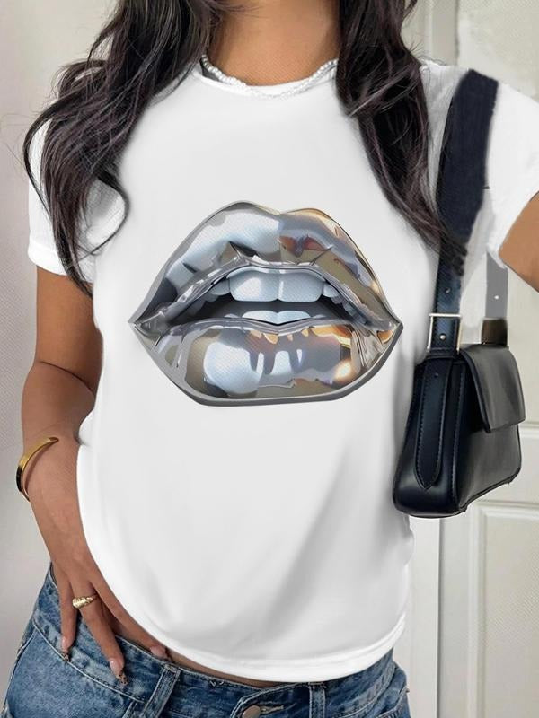 Women's Lip Print Round Neck Tee, Fashion Casual Crew Neck T-Shirt for Daily Holiday Vacation Outdoor Wear, Ladies...