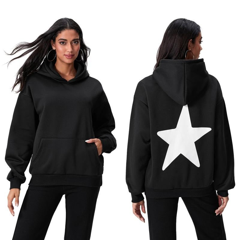 Women's Loose Hoodies Star Print Hooded Long Sleeve Sweatshirts Pullovers Fall Winter Casual Tops T-Shirts