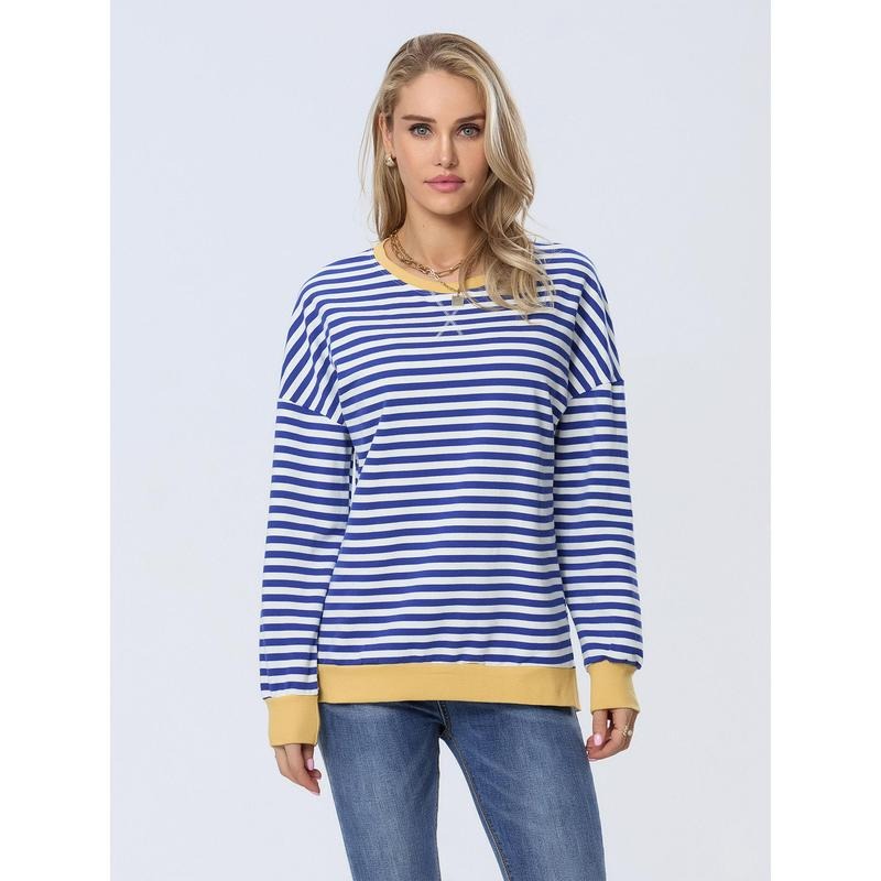 Women's Loose Sweatshirts Stripe Contrast Color Crew Neck Long Sleeve Pullovers Fall Winter Loose Casual Tops Womenswear...
