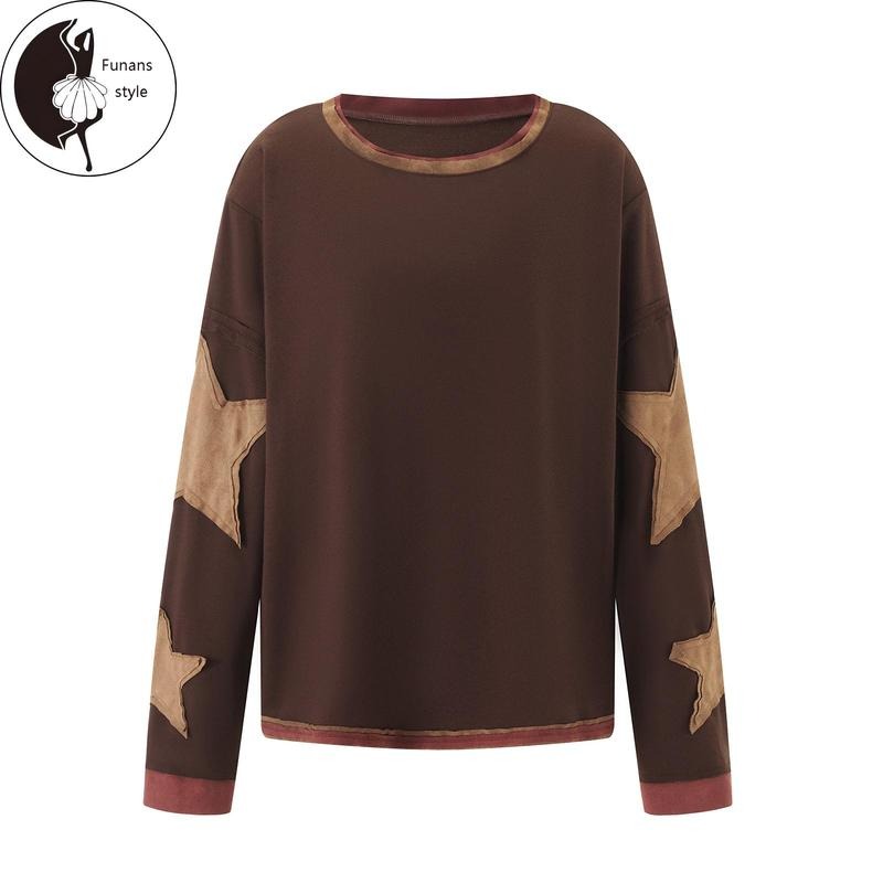 Women's Loose T-Shirt Star Patch Long Sleeve Crew Neck Tops Streetwear Hoodie, Sweatshirt | InkThreadWorks.com