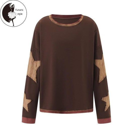 Women's Loose T-Shirt Star Patch Long Sleeve Crew Neck Tops Streetwear Hoodie, Sweatshirt | InkThreadWorks.com
