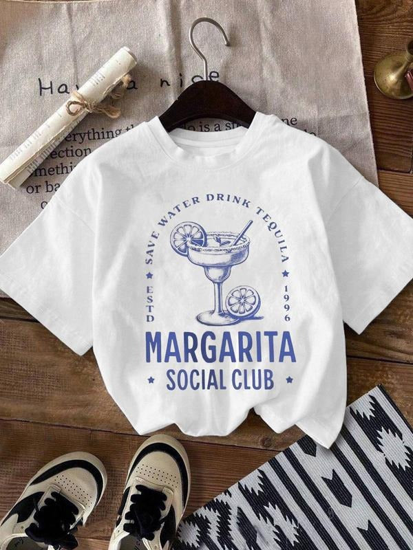 Women's Margarita Social Club Round Neck Graphic Tee, Vintage Trendy Casual Crew Neck T-shirt for Daily Wear, Ladies All Seasons, Top