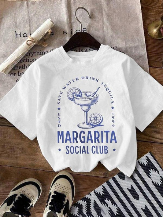 Women's Margarita Social Club Round Neck Graphic Tee, Vintage Trendy Casual Crew Neck T-shirt for Daily Wear, Ladies All Seasons, Top