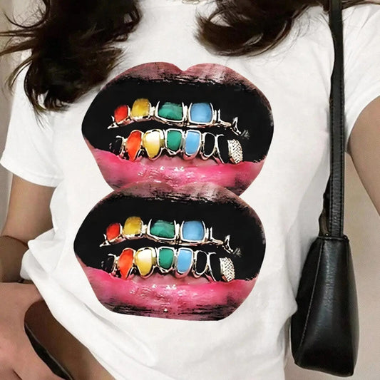 Women's Mouth Print Round Neck Tee, Fashion Casual Short Sleeve T-Shirt for Daily Wear, Ladies Summer Clothes Hoodie,...