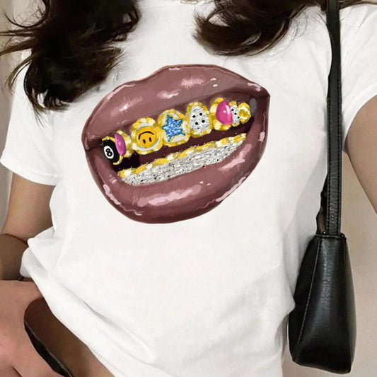 Women's Mouth Print Round Neck Tee, Fashion Casual Short Sleeve T-Shirt for Daily Wear, Ladies Summer Clothesstyle{n002}2...