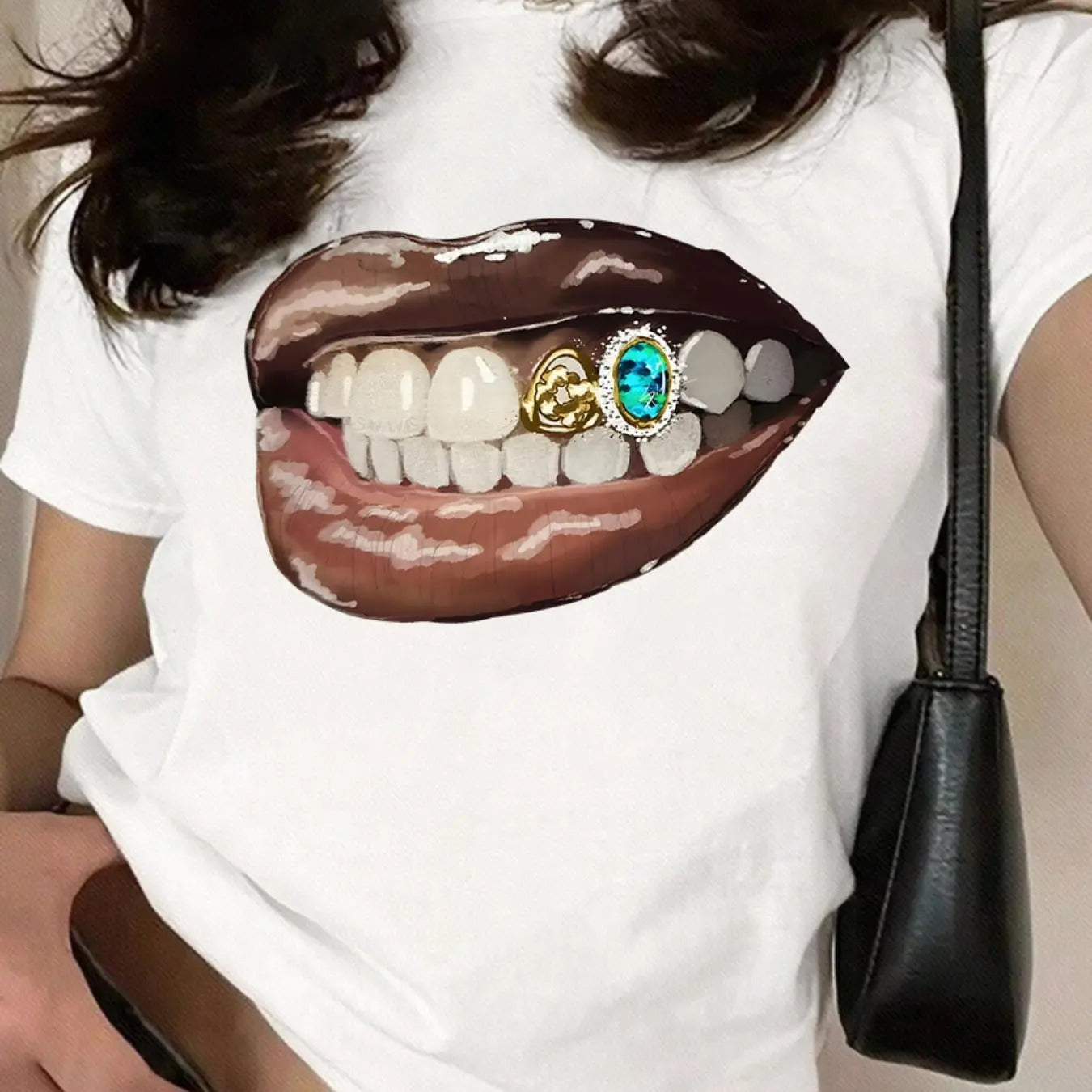 Women's Mouth Print Round Neck Tee, Fashion Casual Short Sleeve T-shirt, Ladies Summer Clothes for Daily Wearstyle{n002}2...