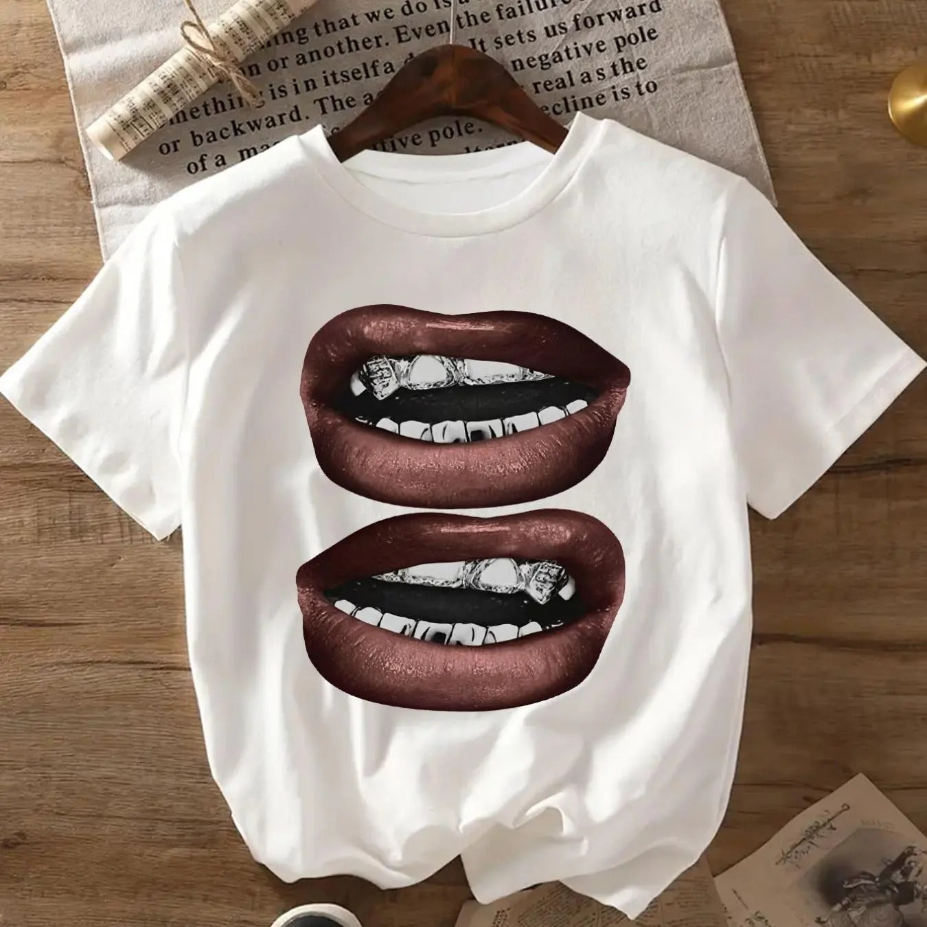 Women's Mouth Print Round Neck Tee, Fashion Casual Short Sleeve T-shirt, Ladies Summer Clothes for Daily Wearstyle{n002}3...