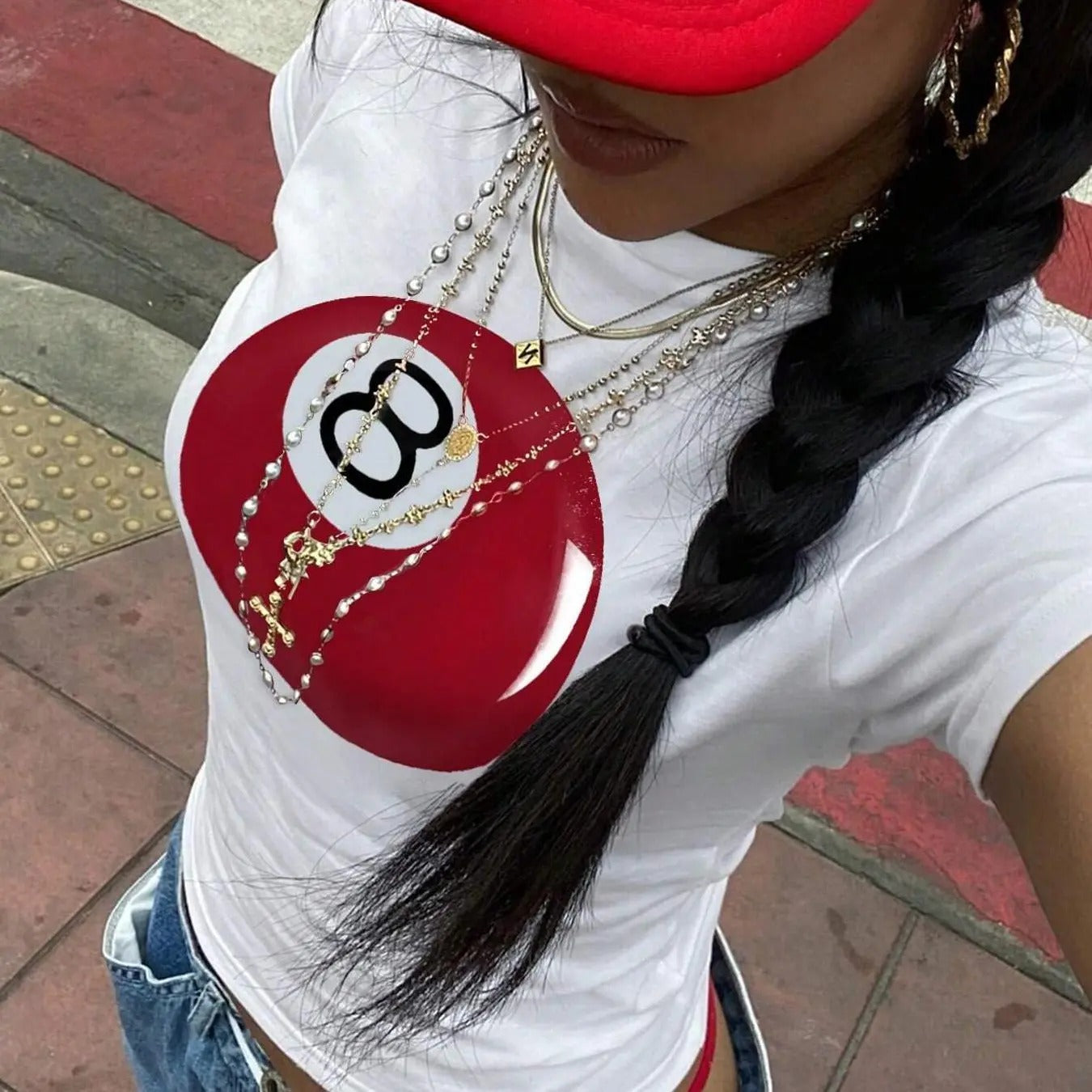 Women's Number "8" Ball Print Round Neck Crop Tee, Fashion Casual Short Sleeve Graphic T-shirt for Daily Wear, Ladies Summer Clothes,  Downtown Girl Clothes