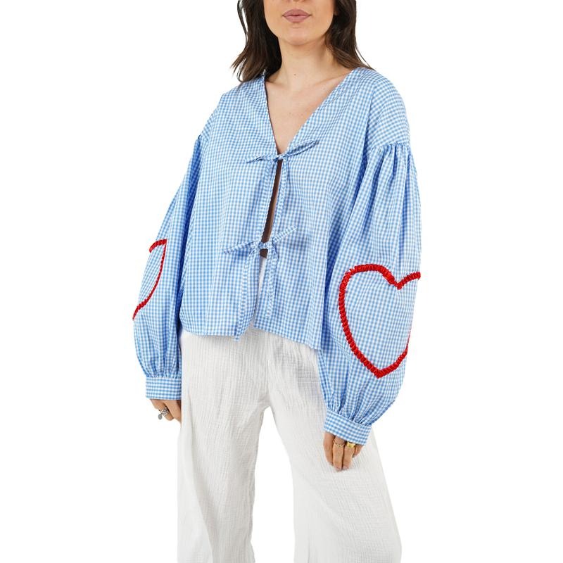 Women's Plaid Tops Loose Heart Trim V Neck Long Sleeve Open Front Tie-Up Blouse for Spring Lady Polyester T-Shirts,...