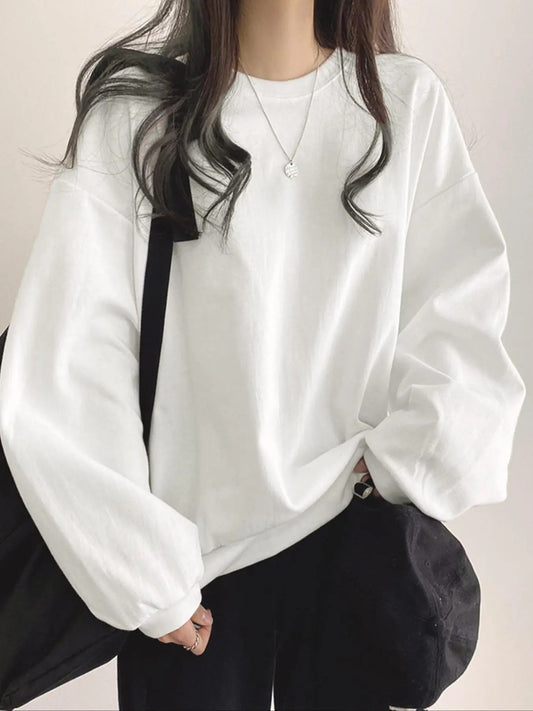 Women's Plain Drop Shoulder Long Sleeve Sweatshirt, Casual Round Neck Pullover for Fall & Winter, Women's Clothes for...