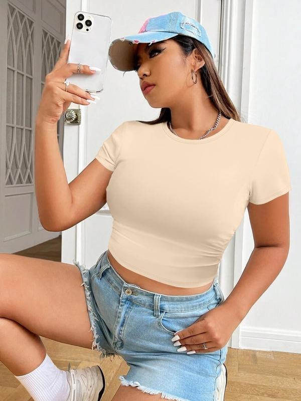 Women's Plain Round Neck Crop Tee, Casual Short Sleeve Crew Neck T-shirt for Daily Wear, Ladies Clothes for All Seasons...