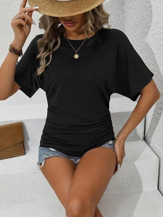 Women's Plain Ruched Batwing Sleeve Tee, Casual Short Sleeve Round Neck T-shirt for Summer, Ladies Clothes for Daily...