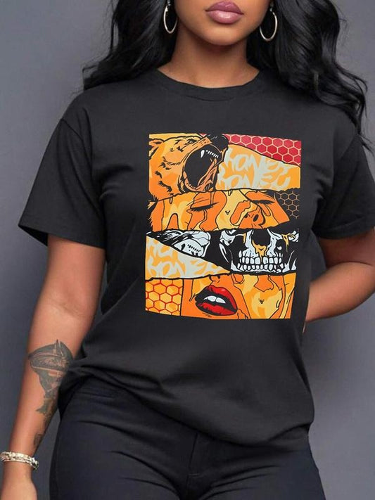 Women's Pop Art Print Round Neck Tee, Fashion Casual Short Sleeve T-shirt for Daily Wear, Ladies Summer Clothes Hoodie,...