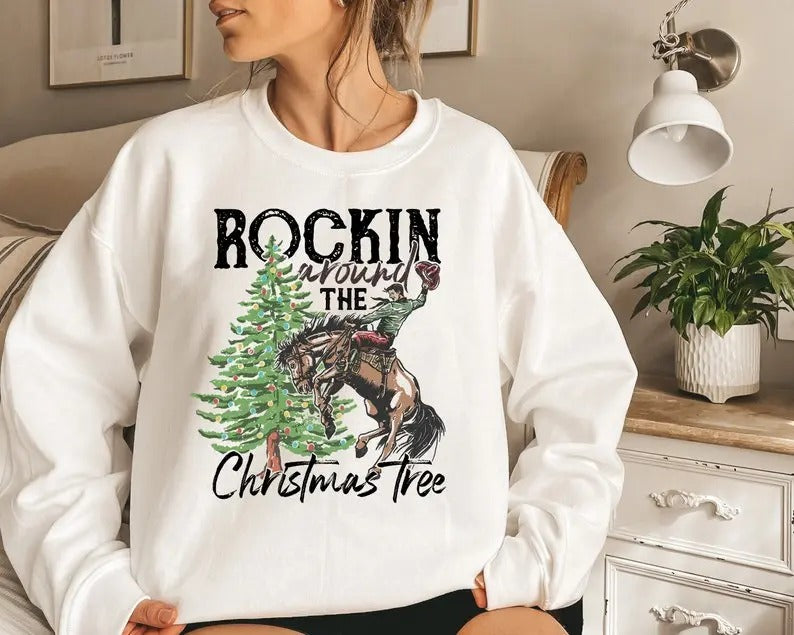 Women's Rocking Around The Christmas Tree Sweater, Retro Thanksgiving Western Cowboy Christmas Shirt