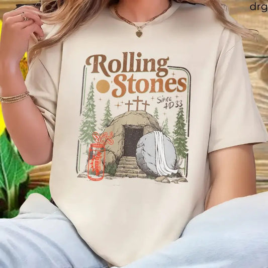 Women's Rolling Stones T-shirt , He Is Risen Sublimation, Easter Christian , Funny Christian Shirt, Front Printed, Perfect Tee, country girl stuff, Casual Cotton