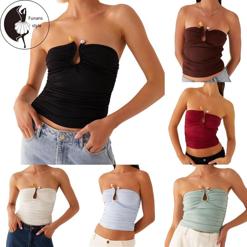 Women's Ruched Tube Tops Summer Strapless Solid Color Metal Clip Front Bandeau TopsFit Shirts Hoodie, Sweatshirt