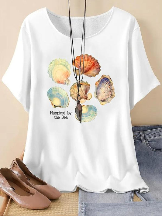 Women's Shell & Letter Print Round Neck Tee, Trendy Graphic Short Sleeve T-Shirt for Daily Wear, Ladies Summer Outfit