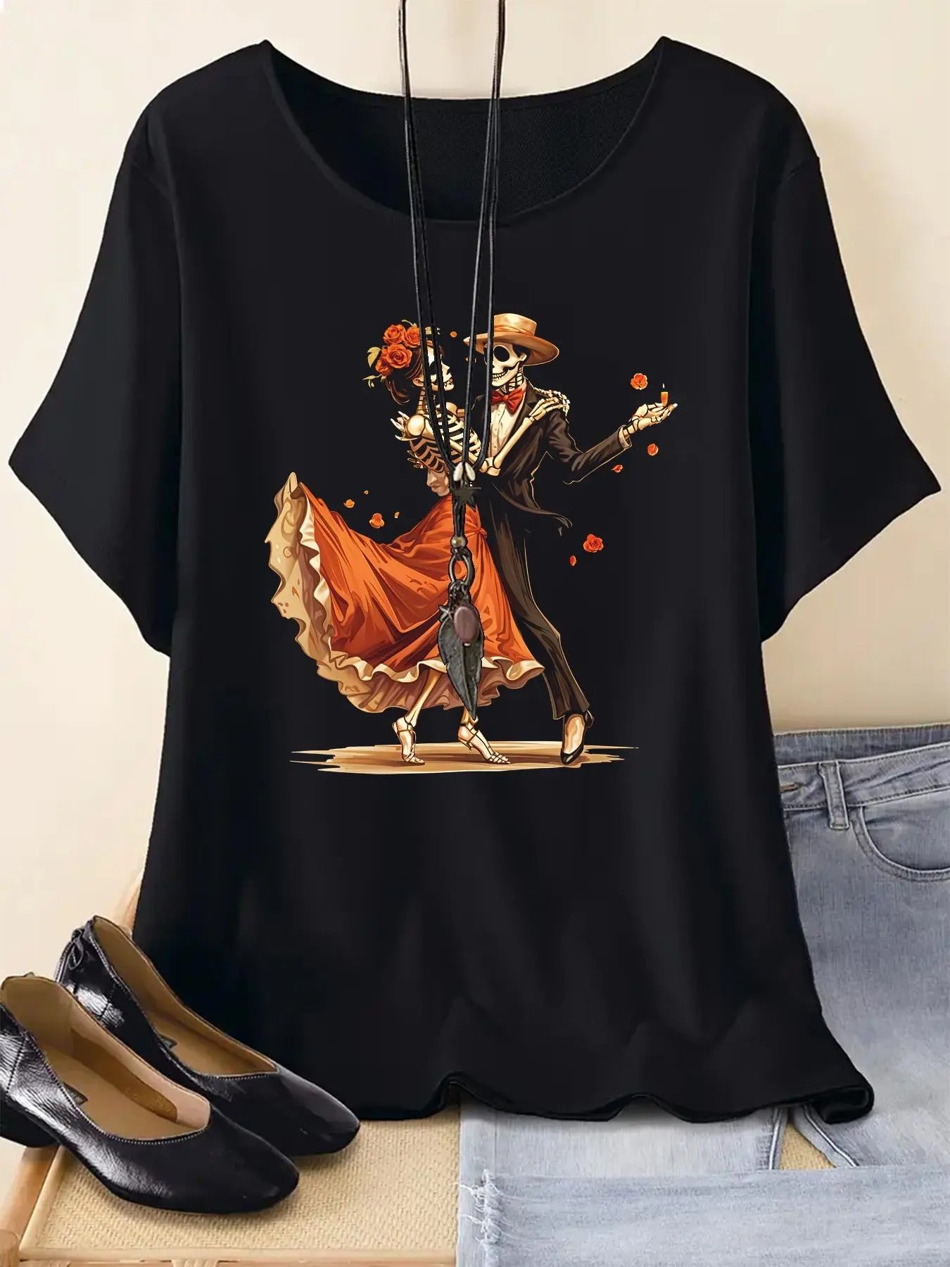 Women's Skeleton  Dancer Print Round Neck Tee, Casual Short Sleeve Crew Neck T-shirt for Summer, Fashion Women's Top for...