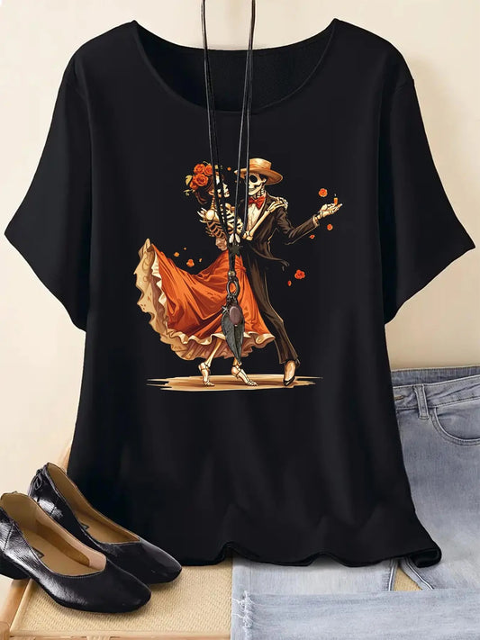 Women's Skeleton  Dancer Print Round Neck Tee, Casual Short Sleeve Crew Neck T-shirt for Summer, Fashion Women's Top for...