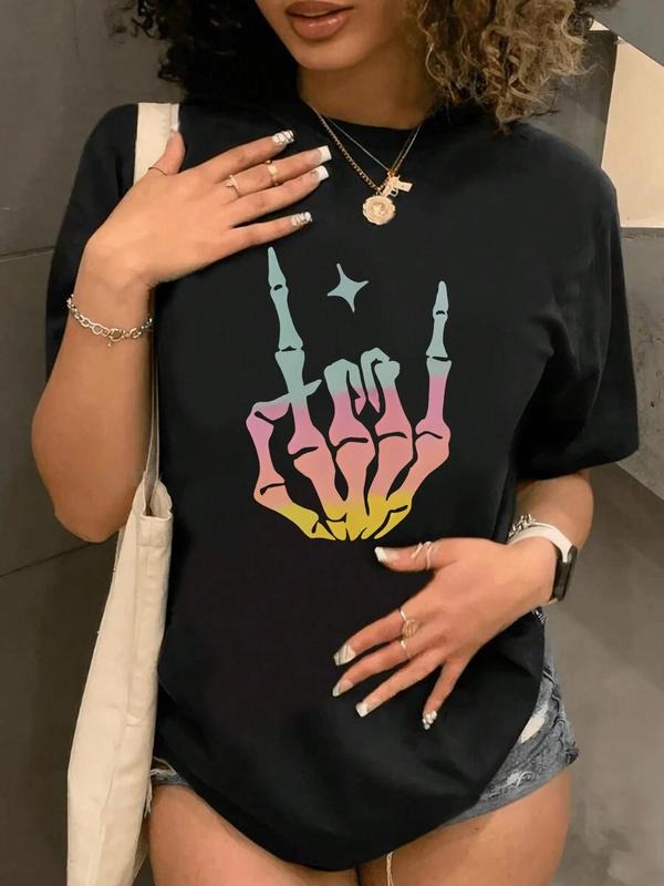Women's Skeleton Hand Print Round Neck Graphic Tee, Vintage Trendy Casual Short Sleeve T-shirt for Daily Wear, Ladies Summer Outfit