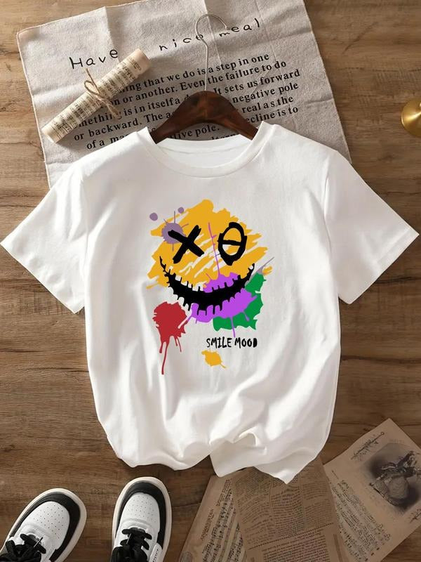 Women's Smile Face & Splash Ink Print Round Neck Tee, Casual Short Sleeve Graphic T-Shirt for Daily Wear, Ladies All Seasons Outfit