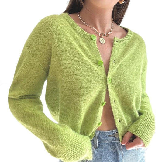 Women's Solid Color Crop Cardigan Long Sleeve Round Neck Button Down Loose Fit Sweater Knit Tops