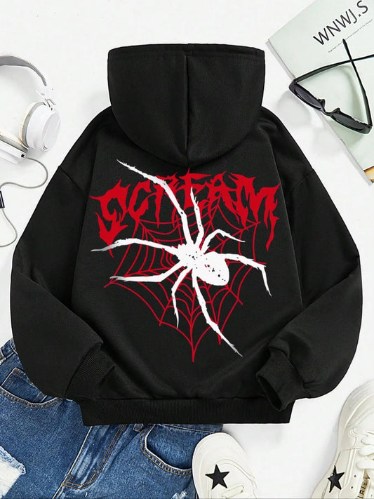 Women's Spider & Letter Print Drop Shoulder Hoodie, Street Fashion Casual Drawstring Hooded Sweatshirt for Daily Holiday...