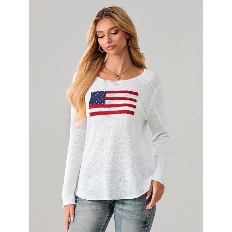 Women's Spring Autumn Knit Sweater Long Sleeve Crewneck Flag Print Loose Fitting Knitwear T-Shirts, Hoodie, Sweatshirt
