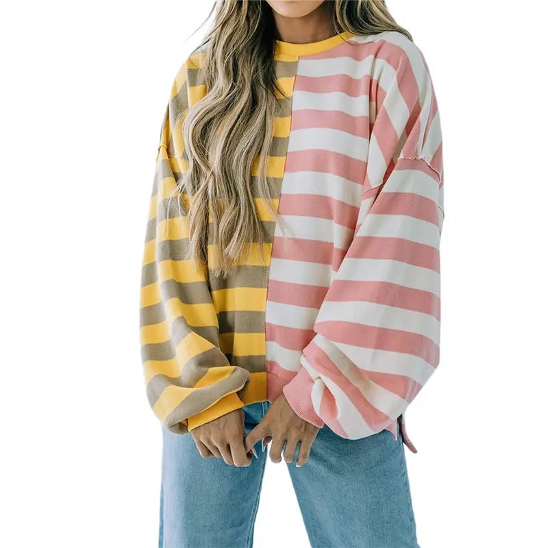 Women's Spring Autumn Loose Sweatshirt Long Sleeve Round Neck Striped Pullover T-Shirts, Hoodie | InkThreadWorks.com