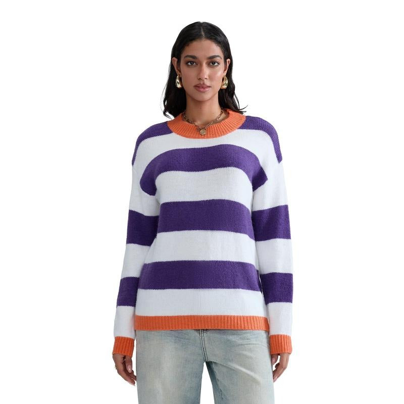 Women's Stripe Print Fall Sweater Long Sleeve Round Neck Loose Knitwear Sweet Pullover Crewneck Womenswear T-Shirts,...