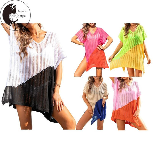 Women's Summer Bikini Cover-Up, Contrast Color Short Sleeve V Neck Hollow Out Crochet Loose Slit Tops T-Shirts, Hoodie,...